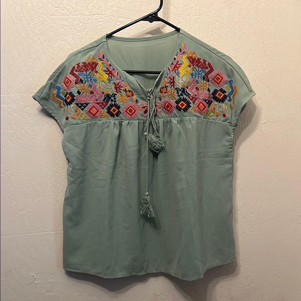 SHEIN Green Graphic Tie Front Blouse